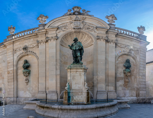 Nancy, France - 09 02 2023: View of the statue Jacques Callot from Stanislas Square in Vaudemont square.