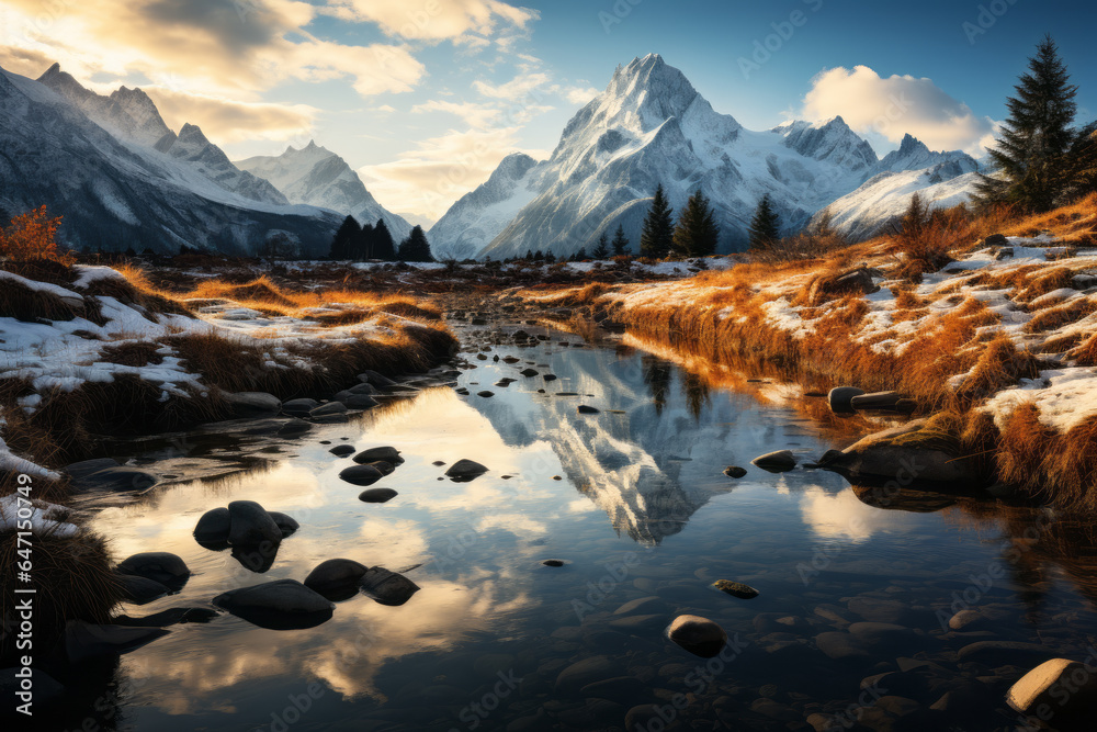 Pristine alpine lake reflecting snow-capped peaks in the soft light of the golden hour, Generative AI
