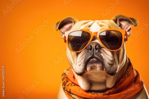 Portrait Bulldog Dog With Sunglasses Orange Background Portrait Bulldog, Sunglasses, Orange Background, Bulldog Breeds, Dog Grooming, Dog Accessories, Height Weight Standards, Bulldog Health