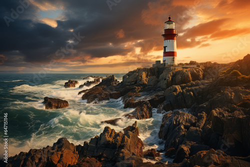 Remote lighthouse on a rocky coastline with the warm golden hues of sunset during golden hour, Generative AI