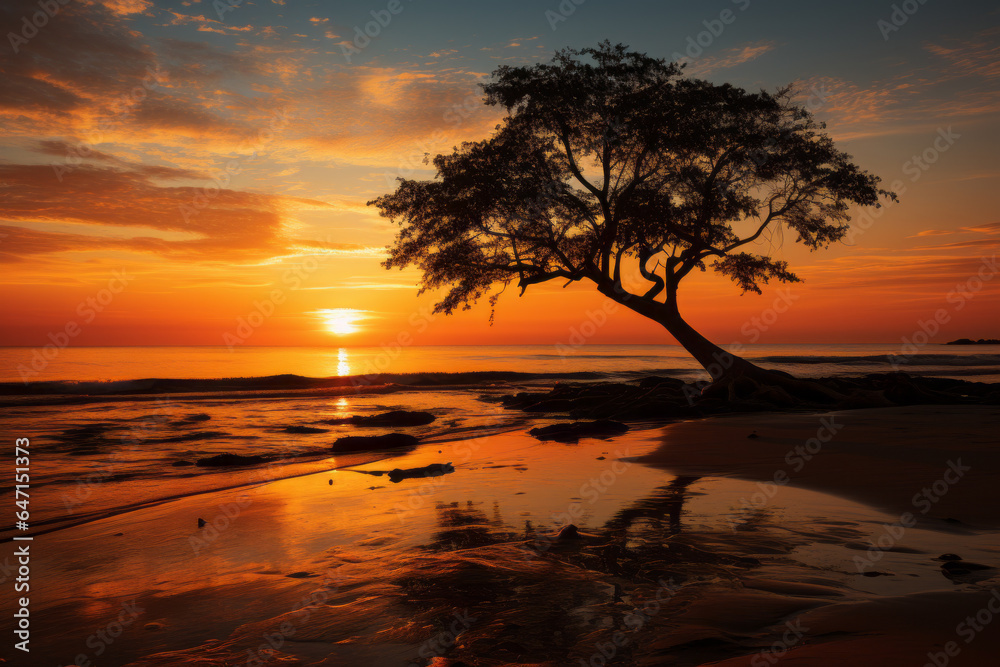 Serene beach with a lone palm tree silhouetted against the golden sky during the golden hour, Generative AI Serene beach with a lone palm tree silhouetted against the golden sky during the golden hour, Generative AI