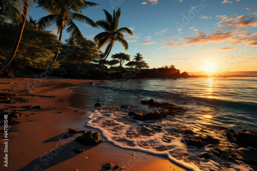 Serene beach with a lone palm tree silhouetted against the golden sky during the golden hour, Generative AI