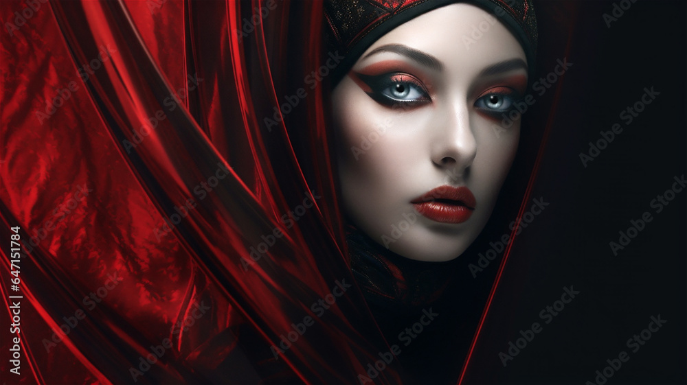 Stark and bold illustration of a woman with pale skin and heavy makeup wearing a red shaw or hoodl. Stark and bold illustration of a woman with pale skin and heavy makeup wearing a red shaw or hoodl.