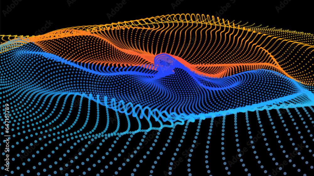 Energy net flows. Dot particle lines penetrating fog. Neon lights ...