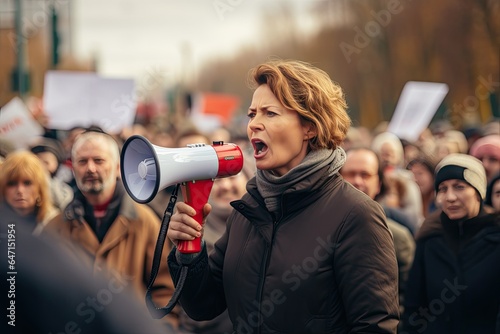 A middle aged woman is chanting her demands through a megaphone during a demonstration. Portrait of a radicalized middle aged caucasian woman. In the background, a crowd of demonstrators with placards photo