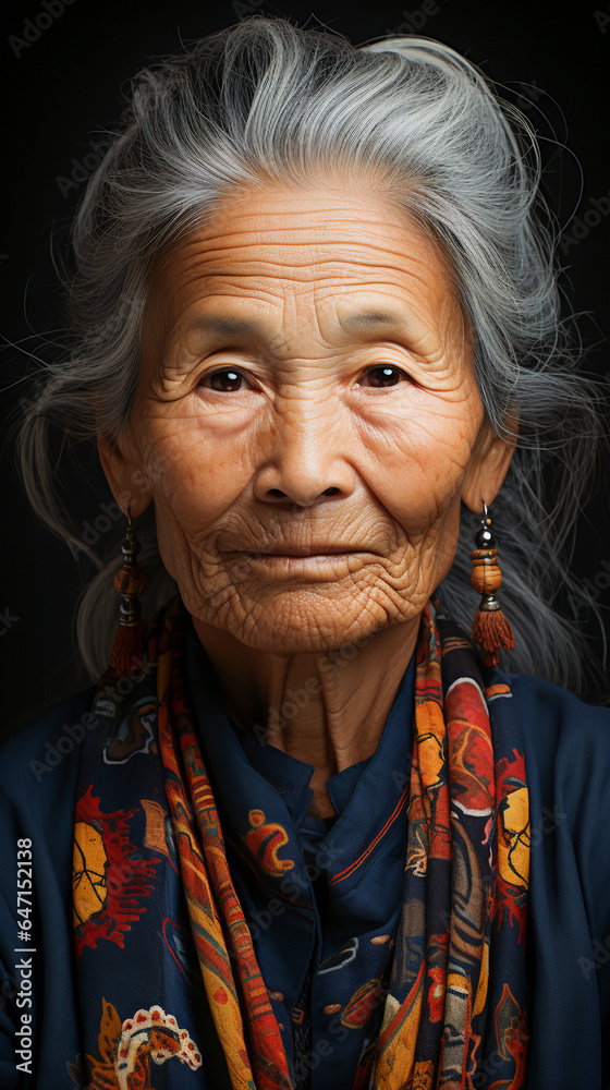 Fototapeta premium Japanese Elderly Woman Portrait. Japanese Grandmother in Traditional Kimono