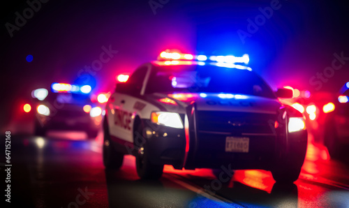 Urgent Response: 911 Police Car Speeding in Foggy Pursuit - Blurred Background