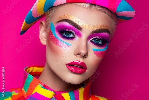 Beauty Portrait With Colorful Makeup.  Vivid Colors.  AI Generated © EwaStudio