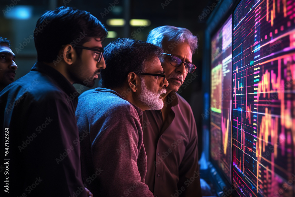 A group of Indian men are analyzing data on computer screens, manager and boss images A group of Indian men are analyzing data on computer screens, manager and boss images