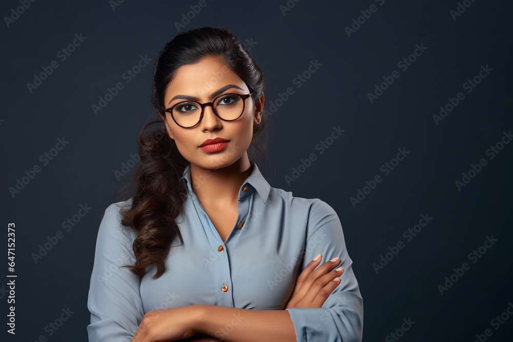 Indian business woman leader in glasses with her arms crossed, leadership image Indian business woman leader in glasses with her arms crossed, leadership image