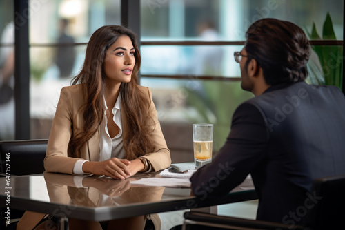 A female Indian entrepreneur meets with a male businessman in a sleek corporate setting, manager and boss images