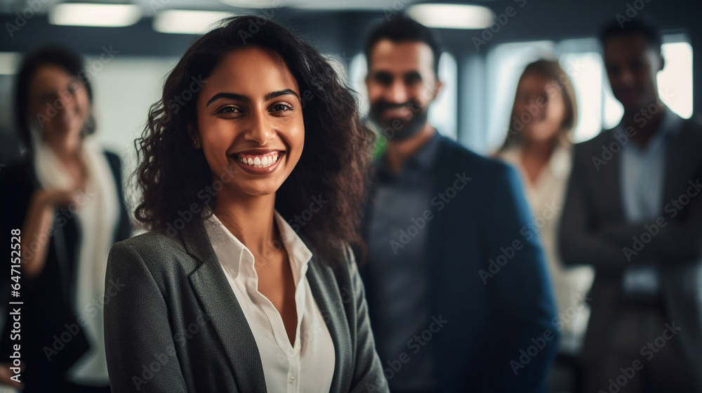 A woman of indian descent smiling in an office with other people, strong leadership image - obrazy, fototapety, plakaty 