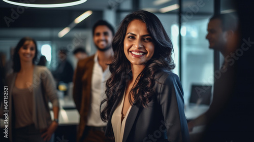 Fotografia A woman of indian descent smiling in an office with other people, strong leaders