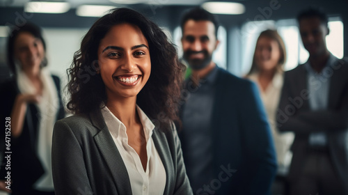A woman of indian descent smiling in an office with other people, strong leadership image © Stocks Buddy