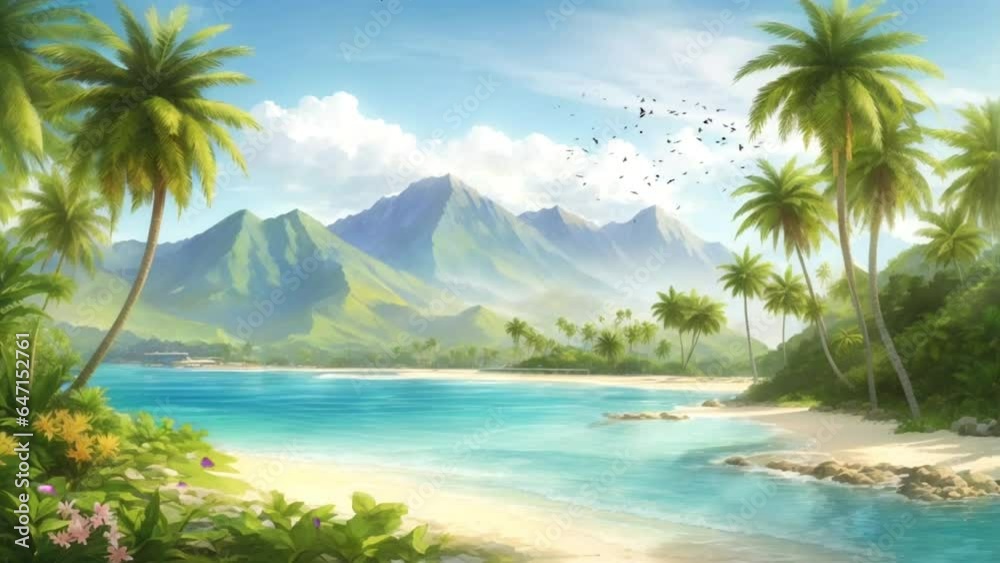 beautiful views of the beach and mountains with palm trees, seamless ...