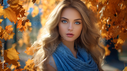 Autumn Park Selfie, Young Woman with Blue Eyes © EwaStudio