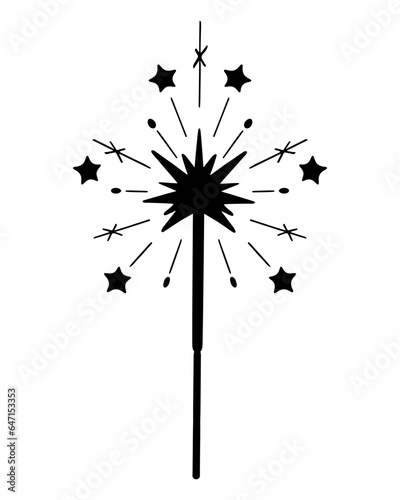 Burning sparkler. Silhouette. From a lit fire  sparks scatter in the form of stars. Pyrotechnics. Vector illustration. Isolated background.  Attribute for celebrating a festive event. 