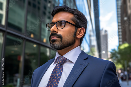 A handsome indian businessman in glasses stands outside his company building, executive corporate image