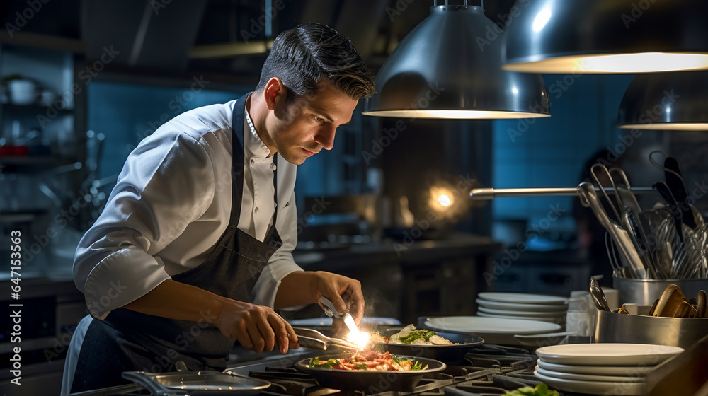 Gourmet Culinary Crafts. Chef in Upscale Restaurant Kitchen Gourmet Culinary Crafts. Chef in Upscale Restaurant Kitchen