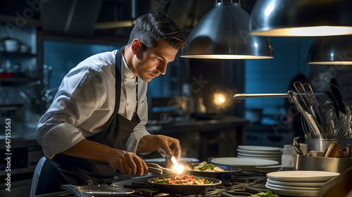 Fototapeta Naklejka Na Ścianę i Meble -  Gourmet Culinary Crafts. Chef in Upscale Restaurant Kitchen