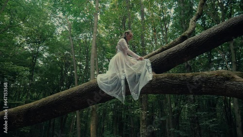 Attractive Dryad Or Forest Fairy Sitting On A Tree. A charming girl in a transparent dress walks along a felled tree. Mavka Naiad Forest Nymph In A Fairy Tale photo