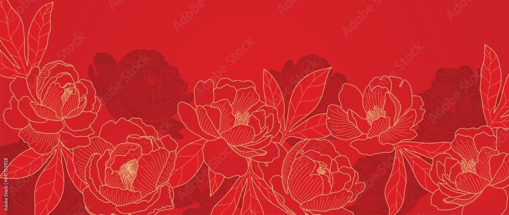Luxury oriental flower background vector. Elegant peony flowers and leaves golden line art on red background. Floral pattern design illustration for decoration, wallpaper, poster, banner, card. - obrazy, fototapety, plakaty 