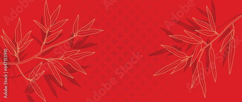 Luxury oriental foliage background vector. Elegant bamboo leaves golden line art on red background. Floral pattern design illustration for decoration, wallpaper, poster, banner, card.