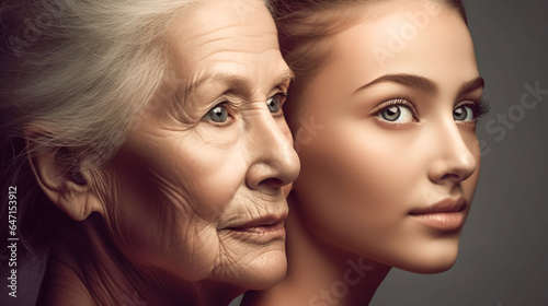 Faces of Young and Old Women. Concept Of Aging And Skin Care. AI Generated
