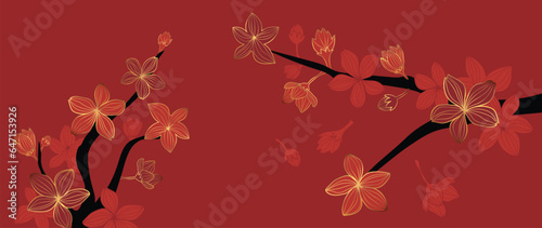 Luxury oriental flower background vector. Elegant cherry blossom flower golden line art on red background. Floral pattern design illustration for decoration, wallpaper, poster, banner, card.