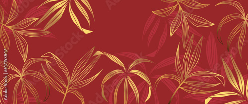 Luxury oriental foliage background vector. Elegant bamboo leaves golden line art on red background. Floral pattern design illustration for decoration, wallpaper, poster, banner, card.