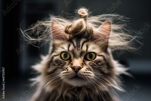 Confused Kitty Coif. Feline Fashion Faux Pas.  AI Generated © EwaStudio