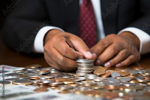 An Indian businessman stacking coins, goal achievement image