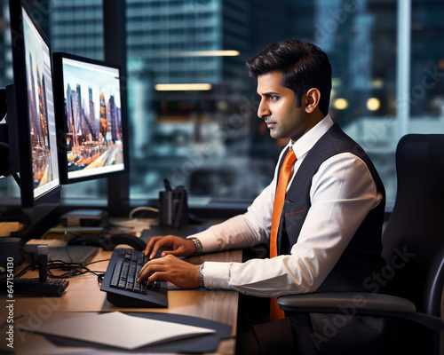 Indian businessman brainstorming with colleagues in corporate office, corporate image