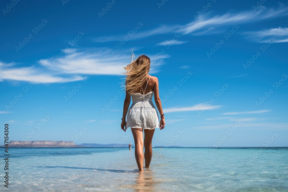 Beautiful girl walking along the sea beach