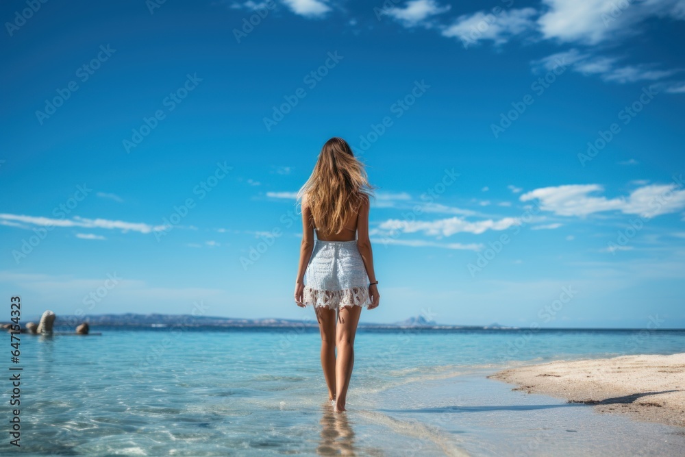 Beautiful girl walking along the sea beach Beautiful girl walking along the sea beach