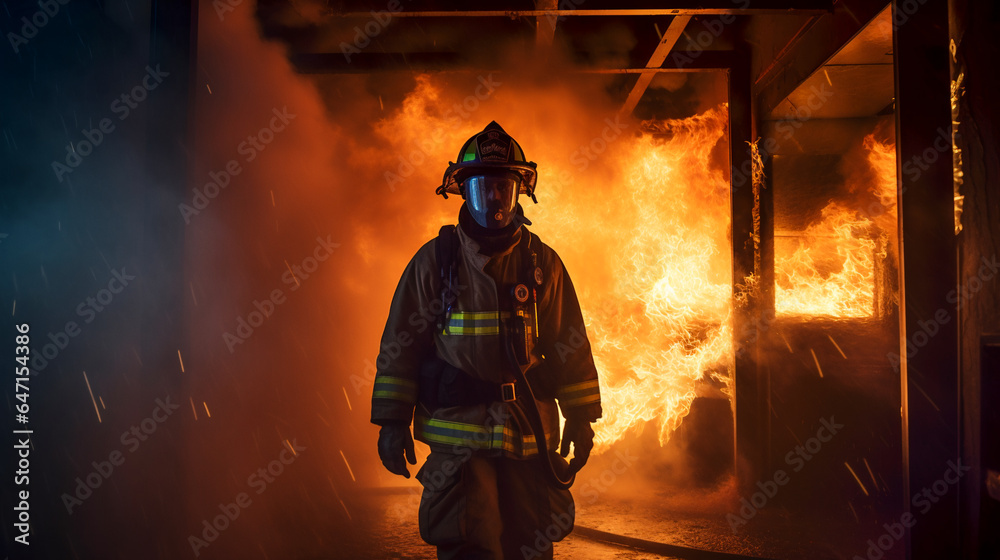 Brave Firefighter in Smoke. Dramatic Firefighting Scene Brave Firefighter in Smoke. Dramatic Firefighting Scene