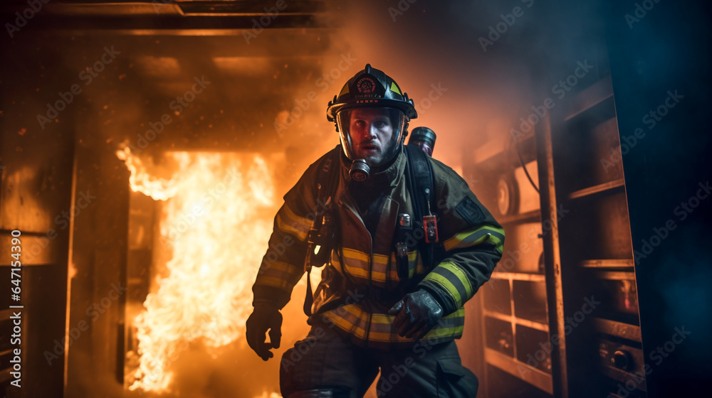 Brave Firefighter in Smoke. Dramatic Firefighting Scene Brave Firefighter in Smoke. Dramatic Firefighting Scene
