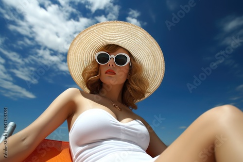 Female model in a swimsuit, glasses and hat sunbathing on the beach © Attasit