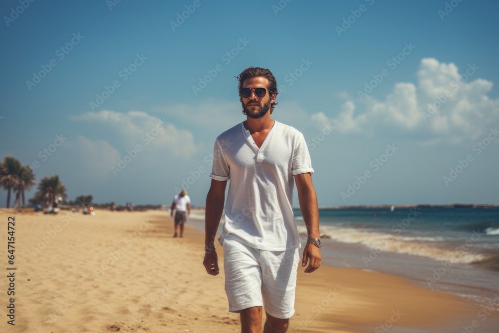 handsome man walking along the sea beach handsome man walking along the sea beach