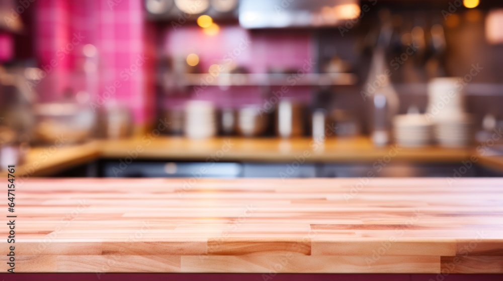 Wooden table on blurred background pink kitchen bench. Empty wooden table and blurred background of pink kitchen. Modern style kitchen