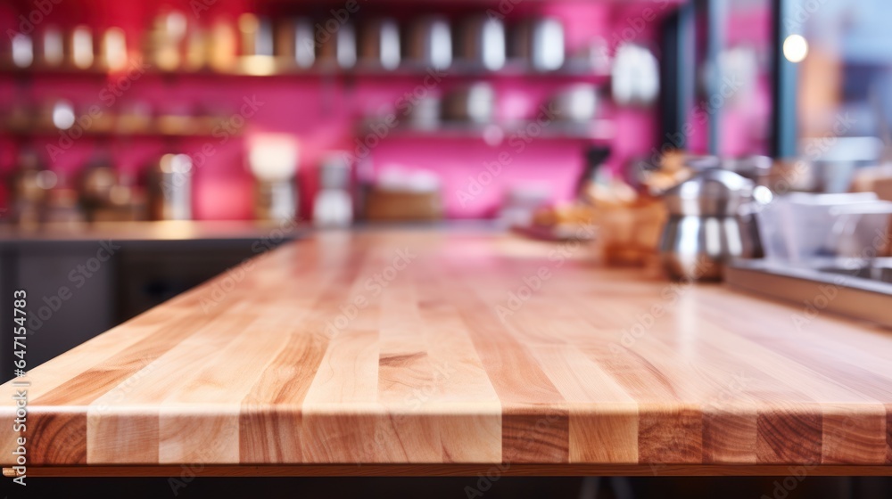 Wooden table on blurred background pink kitchen bench. Empty wooden