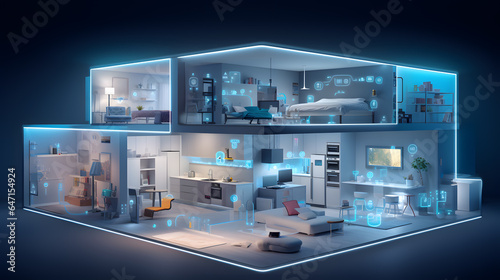 Explore the integration of smart home technology in modern flat design. This detailed photograph showcases voice-controlled devices  automated systems  and intelligent home solutions.