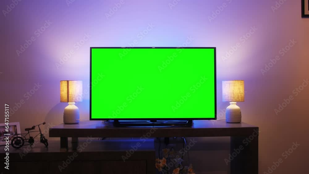 LcD smart TV screen with a blank green background in the living room