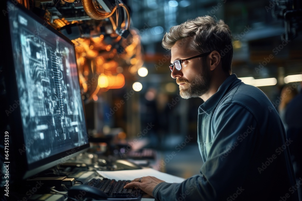 Male and female engineers working in front of a computer screen in an industrial factory Male and female engineers working in front of a computer screen in an industrial factory