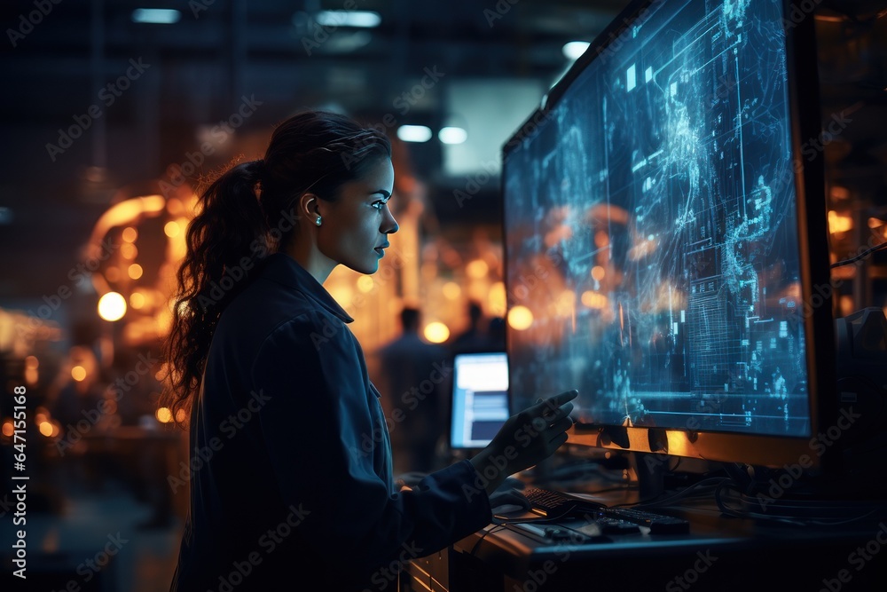 Male and female engineers working in front of a computer screen in an industrial factory