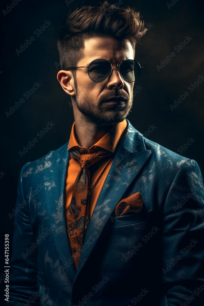 Fototapeta premium Fashionable male model in a trendy suit and sunglasses. AI Generated..
