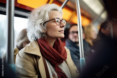 Pensive middle aged Caucasian woman rides home on city public transport after work. Passengers commuting in bus. Public bus ride.