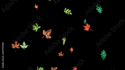 illustration of falling leaves in black background. Modern template backdrop with glowing beams