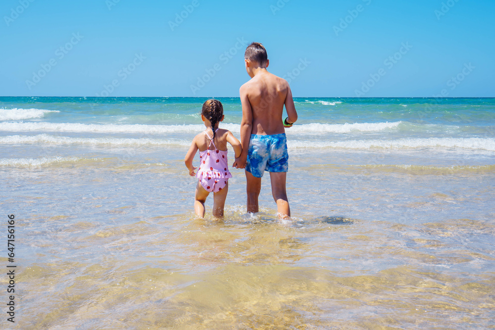 Back view of tanned preteen boy brother, little girl sister siblings standing walking in water on beach on sunny day. Back view of tanned preteen boy brother, little girl sister siblings standing walking in water on beach on sunny day.