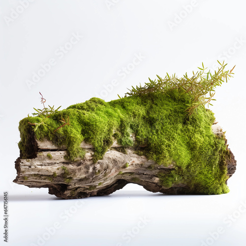 Green moss thrives on the aged log , green podium on white background for nature product display, showcase, studio lighting, Generative AI.